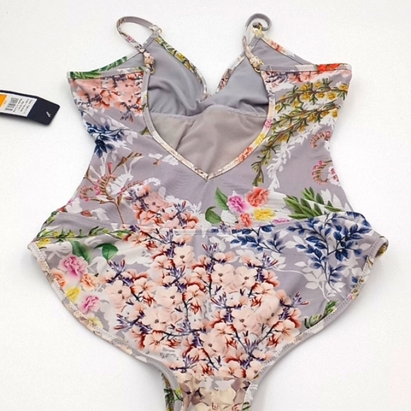 Rachel Roy Floral Print Mesh Inset Deep V-Neck One-Piece Swimsuit Fleur Silver S - Picture 7 of 12